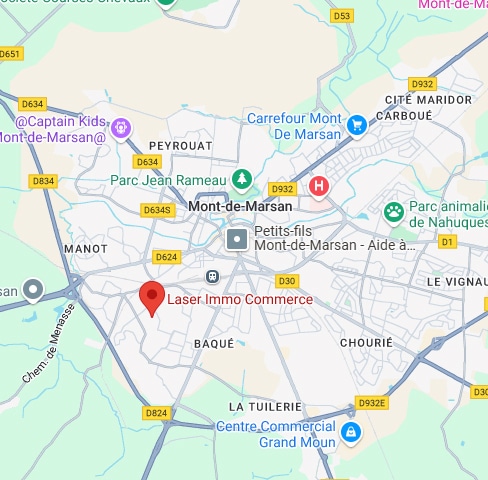 Carte de Mont-de-Marsan indiquant Laser Immo Commerce, rues principales D634, D834, D624, D30. Points clés : Parc Jean Rameau, Carrefour.
