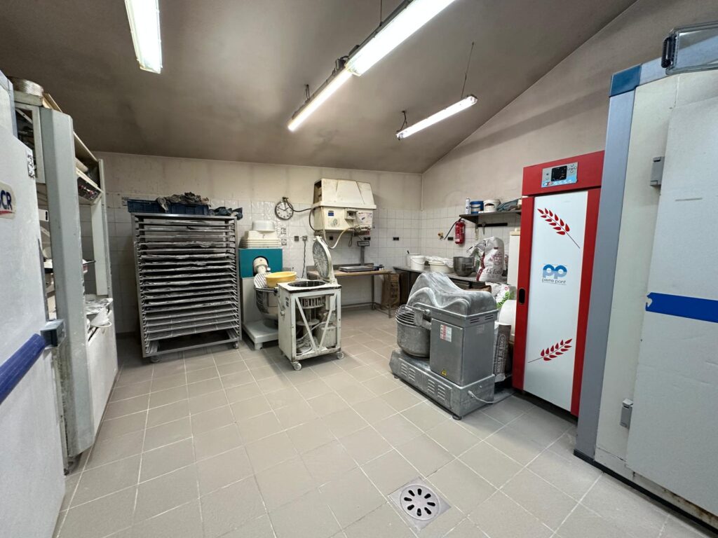 Intérieur d'une boulangerie professionnelle avec pétrins, chambre de pousse Pierre Pont, et étagères à plaques de cuisson.