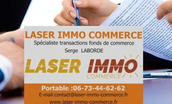 Carte Laser Immo Commerce, Serge Laborde, spécialiste transactions fonds de commerce avec coordonnées.