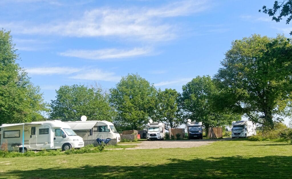 Aire de camping arborée avec plusieurs camping-cars stationnés sur l'herbe sous un ciel bleu d'été.